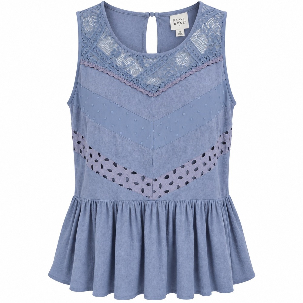 Knox Rose Peplum Top Womens XL Blue Lace Eyelet Sleeveless Boho Blouse